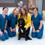 Radiation Therapists Aisling McGlinchey, Tina Gilmartin and Antonia Smyth pictured with Áine Ní Fhlaithearta and Irish Therapy Dog Khai at the Radiation Oncology Centre, University Hospital Galway